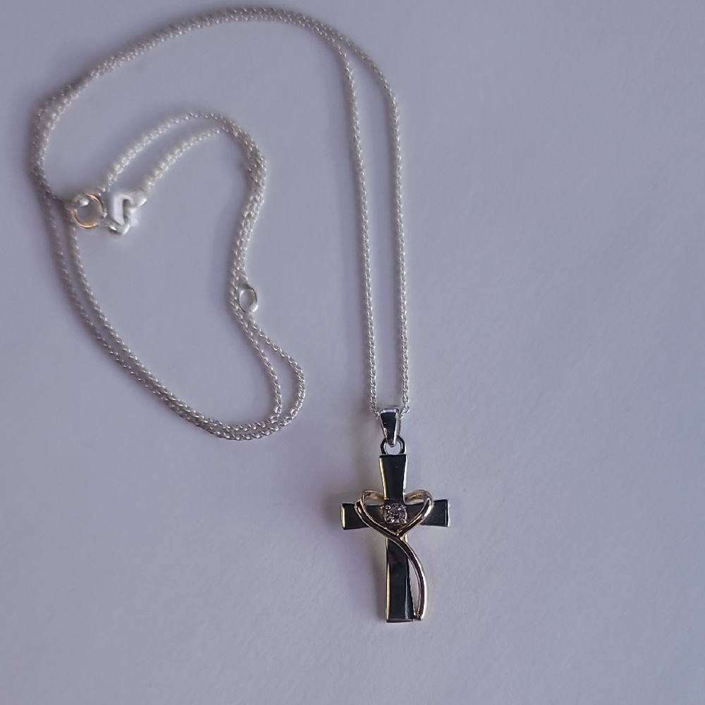 Footnotes Faith CZ 925 Silver Italy 16" Cross Pendant Necklace
